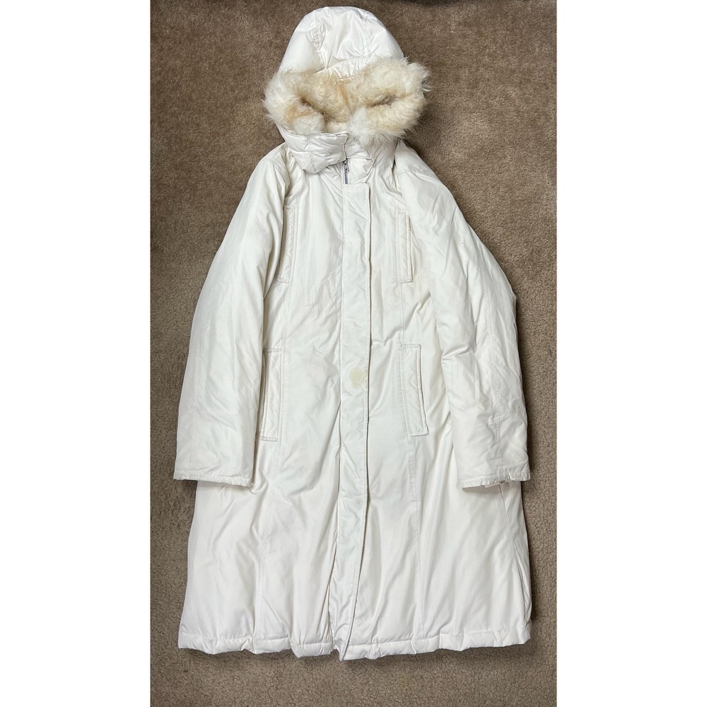 Vintage Gap Coat Womens Large White Down Parka Hooded Faux Fur Trim Winter 2000s